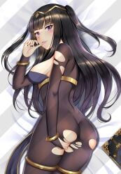 1girls ass back back_view bangs big_ass black_hair black_nails bodystocking book breasts dakimakura dakimakura_design female_only fire_emblem fire_emblem_awakening long_hair looking_at_viewer looking_back medium_breasts moe_market nail_polish nintendo on_bed pelvic_curtain purple_eyes smile solo tharja_(fire_emblem) thighs torn_clothes