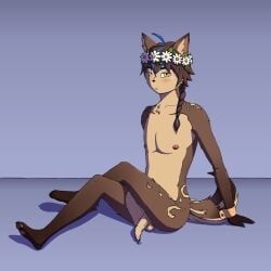 anthro balls blush bodily_fluids brown_body brown_fur canid canine canis cuffs_(clothing) flower flower_crown foreskin fur genital_fluids genitals glans hi_res leaking_precum long_foreskin looking_at_viewer male mammal nipples nude pawpads paws penis plant precum simple_background sitting sitting_on_ground solo tail unretracted_foreskin wolf xevv