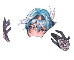 2girls black_gloves black_hairband blue_hair commentary english_commentary eula_(genshin_impact) female_pov genshin_impact gloves hairband highres kiegenshin meme multiple_girls negative_space negative_space_cunnilingus_(meme) pov purple_eyes solo_focus yuri