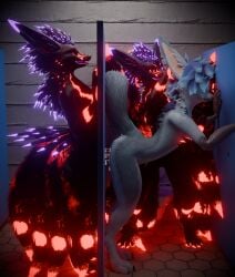 3d_(artwork) absurd_res android anthro arm_feathers ass bathroom blender_(artwork) blender_cycles_(artwork) bodily_fluids breasts canid canine closed_eyes cum cum_inside cum_on_butt cum_on_penis curling_tail digital_media_(artwork) duo enfield feathers female fox from_behind_position gabriel_serealia genital_fluids genitals glory_hole glowing glowing_body glowing_feathers glowing_genitalia glowing_penis hair head_feathers herm hi_res intersex intersex/female knot knotted_penis kyu_vulpes kyuvulpes machine male male/female mammal nude nude_female nude_male open_mouth penetration penis public_restroom pulling_hair restroom_stall rexouium robot sex side_view standing standing_sex tail tail_feathers toilet touching_hair vaginal_penetration whiskers