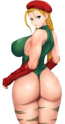 1girls ass big_ass big_breasts big_butt blonde_hair blue_eyes braided_hair breasts cammy_white capcom clothed female female_only gloves large_breasts leotard long_hair looking_at_viewer looking_back otohukebonne sideboob solo standing street_fighter thick_thighs thighs thong_leotard white_background