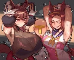 1boy 2girls armpit_fetish armpit_hair arms_behind_head arms_up bakushin_o_armpit_gif_(meme) big_ass_forehead_lmao big_breasts big_forehead brown_hair busty_female face_between_breasts female_armpit_hair gentildonna_(umamusume) hairy_armpits horse_ears horse_girl sakura_bakushin_o_(umamusume) soora_draws_(artist) sweat tagme trainer_(umamusume) umamusume umamusume_pretty_derby