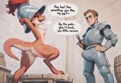 ai_generated anthro armor blush bodily_fluids breasts breath breath_cloud bulge clothed clothing dialogue duo female fully_clothed genital_fluids genitals headgear helmet hi_res human kobold male male/female mammal medieval medieval_clothing nipples nude nude_anthro presenting pussy pussy_juice scalie size_difference smaller_female speech_bubble teasing text