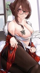 areola_slip areolae blush braid breasts brown_hair budget_sarashi cleavage female female fur_collar glasses hair_bun hair_ornament hair_over_one_eye hairpin highres long_hair mole mole_under_mouth naokomama open_clothes original pantyhose pink_nails red_eyes sarashi smile solo