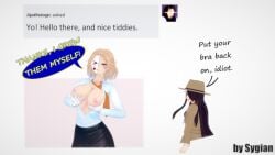 2girls black_hair blonde-haired_female blonde_female blonde_hair breasts_out button_down_shirt danganronpa_another dialog dialogue english_dialogue english_text fanganronpa fedora hair_over_one_eye koikatsu koikatsu_(medium) mask masked masked_female meme necktie purple_eyes rule_63 sannoji_mikado super_danganronpa_another_2 tie yomiuri_nikei