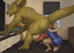 all_fours anal anal_fisting anal_sex animal_genitalia animal_penis anthro anthro_penetrated anus ass balls bed bedroom digital_media_(artwork) dildo dildo_in_ass dildo_insertion dinosaur duo erection fisting furniture genital_slit genitals hi_res holding_dildo holding_object holding_sex_toy horn human human_on_anthro humanoid_genitalia humanoid_penis inside interspecies kneeling knot knotted_dildo knotted_penis larger_anthro male male/male male_penetrated mammal nude object_in_ass open_mouth orcfun penetration penis prehistoric_species reptile scalie sex sex_toy sex_toy_in_ass sex_toy_insertion size_difference slit_penis smaller_human stretched_anus tail toying_partner