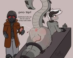 absurd_res after_anal anthro anus armor balls big_balls big_butt bottle bottle_in_ass butt capsule clothing coat collar container deathclaw duo fallout fangs femboy furgonomic_piercing furgonomics gas_mask genitals gesture gevaudan_(good4life4ever) good4life4ever hand_gesture hi_res horn horn_piercing human lying male male/male mammal mask microsoft mohawk nuka-cola on_front piercing pink_anus raised_tail restrained restrained_arms scales scalie surprised tail teeth the_courier_(fallout) thick_thighs thumbs_up topwear trenchcoat wide_hips
