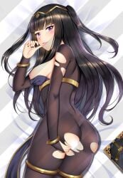 1girls ass back back_view bangs big_ass black_hair black_nails bodystocking book breasts breasts_out censored dakimakura dakimakura_design female_only fire_emblem fire_emblem_awakening long_hair looking_at_viewer looking_back medium_breasts moe_market nail_polish nintendo nipples on_bed pelvic_curtain purple_eyes smile solo tharja_(fire_emblem) thighs torn_clothes