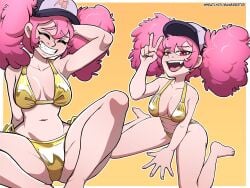 1girls bikini breasts gold_bikini pink_hair wheatly101