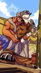 absurd_res anthro assisted_exposure assisted_masturbation balls bloodhound bodily_fluids bottomwear bottomwear_down canid canine canis claws clothed clothing costume costume_party cum cumshot domestic_dog doug_chad_(thekbear) drunk ejaculation excessive_cum excessive_genital_fluids foreskin genital_fluids genitals hi_res holding_object humanoid_genitalia humanoid_penis hunting_dog kylo_easton_(thekbear) male male/male male_anthro mammal nipples pants pants_down partially_clothed penis public public_nudity scent_hound size_difference substance_intoxication thekinkybear toe_claws unretracted_foreskin wolf