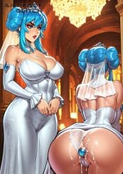 abs ai_generated anal anal_plug arched_back artifactglitch back back_view blue_eyes blue_hair blush cameltoe collar crown cum cum_drip cum_on_ass dress dress_up front_view hair_buns huge_breasts in_public league_of_legends leaning_forward legs_together makeup multiple_images panties_aside pussy red_lipstick riot_games sleeves sona_buvelle thick_ass thick_thighs watermark wedding_dress wedding_lingerie wedding_veil