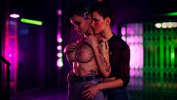 2girls 3d clothed_female_topless_female cyberpunk_2077 female female_only judy_alvarez red-arnage tattoo topless topless_female v_(cyberpunk_2077) valerie_(cyberpunk_2077)