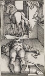 16th_century 5_fingers absurd_res ancient_art anus ass backsack balls barely_visible_balls barely_visible_genitalia biped breasts clothed clothed_female clothed_human clothed_male clothing codpiece detailed_background doorway equid equine female female_human feral fingers front_view genitals glare group hair hans_baldung_grien hatching_(art) headgear headwear hi_res high-angle_view holding_object hooves horse huge_filesize human inside legwear looking_back lying male male_feral male_human mammal mane monochrome nipples on_back one_breast_out pitchfork public_domain puffy_sleeves quadruped shaded signature standing tail tights tools traditional_media_(artwork) trio unguligrade window