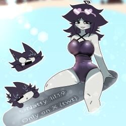 beach blush dark_hair drowning fundamental_paper_education looking_at_viewer miss_bloomie_(fundamental_paper_education) miss_circle_(fundamental_paper_education) miss_thavel_(fundamental_paper_education) relaxing surfboard swimsuit wet_body white_body