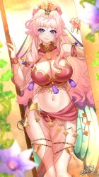 1girls absurdres bangs bare_shoulders blue_eyes blush breasts cleavage clothing dancer female hair_ornament highres jewelry large_breasts long_hair looking_at_viewer macross macross_frontier midriff navel nez-box pink_hair see-through sheryl_nome smile solo thighlet