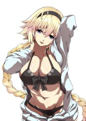 bangs bikini black_bikini black_bow black_hairband blonde_hair bow bow_bikini braid breasts cleavage collarbone cowboy_shot fate/grand_order fate_(series) female female groin hair_between_eyes hairband head_tilt jeanne_d'arc_(fate) jeanne_d'arc_(swimsuit_archer)_(fate) large_breasts light_blue_eyes long_hair long_sleeves navel open_mouth pakotaroh simple_background single_braid smile solo swimsuit very_long_hair white_background