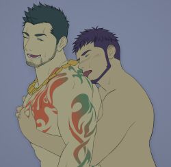 2boys arcanist_(gyee) bara blush facial_hair gay grabbing gyee hug jashin_doruton licking male male/male male_focus male_only multiple_boys muscular muscular_male pectoral_grab pectorals priapus priapus_a._tarou purple_hair smile sweat tattoo yaoi