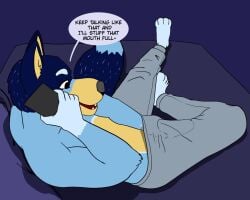 anthro bandit_heeler bed blue_body blue_fur bluey_(series) bulge bulge_grab canid canine father fur furniture lewd_latte male male_only mammal parent phone solo sweatpants