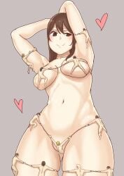 anime_style bra breasts brown_eyes brown_hair female_domination giantess living_clothes macro_female macrophilia micro_abuse micro_as_clothing micro_male micro_on_macro micro_on_vagina naked nude original pixiv shrink shrunken shrunken_person tiny_person uru_(uru0000) vagina