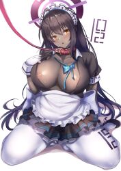 1girls 2021 ahoge akazawa_kureha apron areola_slip areolae ass_visible_through_thighs blue_archive breasts brown_hair cleaning_&_clearing_(blue_archive) cleavage collar dark-skinned_female dark_skin female female_focus female_only gloves highres karin_(blue_archive) leash long_hair maid maid_headdress millennium_science_school_student no_bra pantyhose puffy_short_sleeves puffy_sleeves short_sleeves sitting solo solo_female straight_hair sweat thick_thighs thighs unbuttoned very_long_hair waist_apron wariza white_apron white_legwear yellow_eyes