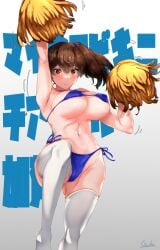 artist_name bare_arms bare_shoulders bikini blue_bikini blush breasts brown_eyes brown_hair closed_mouth female gradient gradient_background hair_between_eyes holding holding_pom_poms kaga_(kantai_collection) kantai_collection large_breasts long_hair mani_oniniku motion_lines navel pom_pom_(cheerleading) side_ponytail signature solo swimsuit thighhighs white_legwear