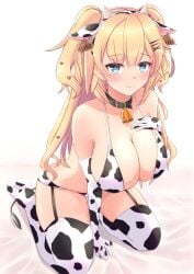 absurdres akai_haato animal_ears animal_print aqua_eyes bangs bare_shoulders bell bikini blonde_hair blush breasts cleavage collarbone cow_ears cow_horns cow_print cow_tail cowbell ear_tag elbow_gloves eyebrows_visible_through_hair fake_animal_ears fake_horns female gloves hair_between_eyes hair_ornament hairband hairclip hand_on_own_chest heart heart-shaped_pupils heart_hair_ornament heckler_kai highres hololive hololive_gen_1 hololive_japan horns kneeling large_breasts long_hair looking_at_viewer simple_background solo sweat swimsuit symbol-shaped_pupils tail thighhighs two_side_up very_long_hair virtual_youtuber white_background white_bikini white_gloves white_legwear x_hair_ornament