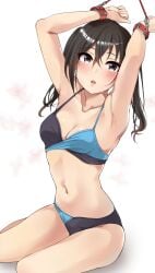 absurdres armpits arms_up bangs bikini black_eyes black_hair blush bondage bound bound_wrists breasts cleavage collarbone cuffs eyebrows_visible_through_hair female hair_between_eyes highres idolmaster idolmaster_cinderella_girls long_hair looking_at_viewer mole mole_under_eye murabito_c navel parted_lips petite shackles sharp_teeth sitting small_breasts solo stomach sunazuka_akira swimsuit teenager twintails two-tone_bikini yokozuwari