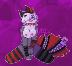 alternate_costume animal_jam anthro arctic_fox black_ears breasts canid canine clothing collar covering_crotch cursed_alec female female_only fox goth grey_fur kneeling legwear looking_at_viewer mammal paws pressing_breasts_together solo solo_female spiked_collar spikes striped_clothing striped_legwear tail_markings thigh_highs white_fur zipper zippy_star