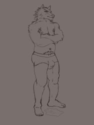 anthro armpit_hair bodily_fluids body_hair bulge canid canine canis clothing domestic_dog genital_fluids hair hairy hi_res husky male mammal musclegut muscular nordic_sled_dog peeing pubes solo solo_male spitz underwear underwear_peeing urine watersports wetting wolf