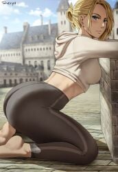 1girls 2022 annie_leonhardt ass attack_on_titan blonde_hair blue_eyes breasts butt cityscape cropped_hoodie dat_ass detailed_background female female_only hi_res hips hoodie huge_ass kneeling medium_breasts petite shexyo shingeki_no_kyojin short_hair side_view slim_waist sportswear thick_thighs thighs tied_hair white_hoodie wide_hips yoga_pants