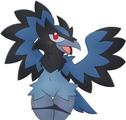 anthro arms_up bare_chest bird blue_fur blush corvisquire crow cute feathered_wings female looking_at_viewer nintendo nude panties_down piercing plain_background pokémon_(species) pokemon pokemorph pussy red_eyes smile solo tagme wings zinzoa