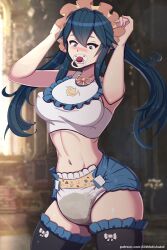 1girls abdl arms_up bare_midriff bare_thighs blue_eyes blue_hair blush covered_nipples diaper female_only femsub fire_emblem fire_emblem_awakening humiliation indoors infantilism lilith-fetish long_hair lucina_(fire_emblem) medium_breasts midriff mind_control nintendo nipples pacifier peeing peeing_self solo thighhighs thighs topless twintails urine