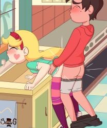 ass_up blonde_hair boxers_(clothing) couple cum_in_pussy kitchen marco_diaz panties quickie seniorg star_butterfly star_vs_the_forces_of_evil straight_hair