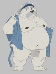 2022 anthro asian_clothing belly bluewhale127 bulge clothed clothing east_asian_clothing facial_hair fundoshi hi_res humanoid_hands japanese_clothing kemono male mammal mature_male moobs moustache navel nipples open_clothing open_robe overweight overweight_male polar_bear robe simple_background solo underwear ursid ursine white_body white_clothing white_fundoshi white_underwear