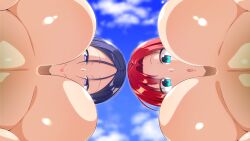 2girls aqua_eyes blue_sky boudica_(fate) boudica_(fate/grand_order) breasts day fate/grand_order fate_(series) forehead from_below highres large_breasts looking_at_viewer looking_down minamoto_no_raikou_(fate) minamoto_no_raikou_(swimsuit_lancer)_(fate) multiple_girls nude open_mouth purple_bikini purple_eyes sky smile toudori underboob