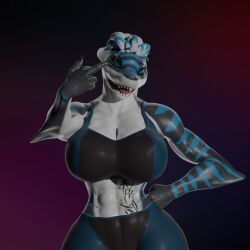 1girls 3d abs anthro big_breasts big_nipples blue_eyes breasts female female_only fish front_view furry furry_only gesture hair jigjig looking_at_viewer muscular muscular_female nika_sharkeh open_mouth shark smile solo sportswear stomach teeth tongue white_hair