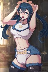 1girls abdl arms_up bare_midriff bare_thighs blue_eyes blue_hair blush covered_nipples diaper female_only femsub fire_emblem fire_emblem_awakening humiliation indoors infantilism lilith-fetish long_hair lucina_(fire_emblem) medium_breasts midriff mind_control nintendo nipples pacifier peeing peeing_self solo thighhighs thighs topless twintails urine