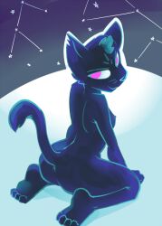 4_toes anthro barefoot black_body black_fur breasts constellation domestic_cat feet felid feline felis female fur kneeling looking_at_viewer mae_borowski mammal night_in_the_woods nipples nude pink_eyes smile solo star toes toxoglossa video_games