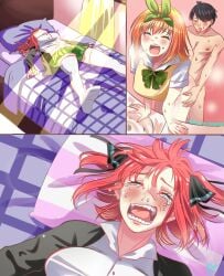 1boy 2girls bent_over black_hair black_jacket black_ribbon clothed_female_nude_male crying cucked_by_sister cuckquean cushion doggy_style go-toubun_no_hanayome green_ribbons green_skirt hair_ribbon highres jacket kanojo_okarishimasu kazuya_crying_(meme) lying medium_hair meme multiple_girls nakano_nino nakano_yotsuba nude on_back on_bed open_mouth orange_hair parody red_hair ribbon school_uniform sex sex_from_behind shirt short_hair signature sisters skirt slq snot standing standing_sex straight tears teeth thighhighs tongue uesugi_fuutarou vest white_legwear white_shirt whiteartist yellow_vest