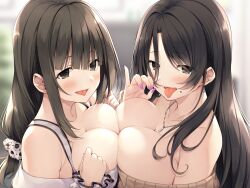 2girls bangs bare_shoulders black_hair blunt_bangs blurry blurry_background blush breast_press breast_squeeze breasts brown_eyes brown_sweater cleavage collarbone commentary_request depth_of_field earrings eyebrows_visible_through_hair eyes_visible_through_hair fellatio_gesture female fingernails frilled_sleeves frills from_side hair_ornament hair_over_one_eye hair_scrunchie hand_up hands_on_own_chest hands_up hasumi_(hasubatake39) highres jewelry large_breasts long_fingernails long_hair long_sleeves looking_at_viewer looking_to_the_side low_ponytail mole mole_under_mouth multiple_girls nail_polish necklace off-shoulder_sweater off_shoulder open_mouth original purple_nails scrunchie sweater symmetrical_docking tongue tongue_out upper_body yuri