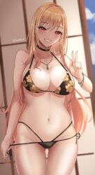 1girls 2022 alternate_version_available bare_legs bikini black_bikini blonde_hair blush breasts cleavage ear_piercing female female_only flower_pattern gyaru hips huge_breasts kitagawa_marin long_hair looking_at_viewer peace_sign red_eyes side-tie_bikini simple_background slim_waist smile smiling_at_viewer sono_bisque_doll_wa_koi_wo_suru thick_thighs thighs tinnies wide_hips