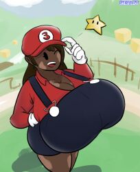 1girls breast brown_hair cap cleavage dark-skinned_female female female_focus female_only gloves hat hyper hyper_breasts large_breasts looking_at_viewer looking_up mario_(cosplay) mario_(series) nintendo original_character overalls power_star snesflint star super_mario_bros. thick_thighs thighs trés_(snesflint) vitiligo wink