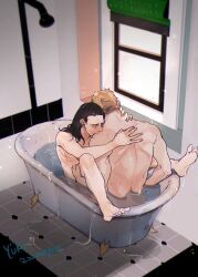 2boys adoptive_siblings artist_signature bathtub biting_shoulder black_hair blonde_hair blonde_hair_male feet_up gay human human_only implied_penetration light-skinned_male light_skin loki_(marvel) loki_(series) male male_only marvel marvel_cinematic_universe muscular_male nude_male shared_bathing thor_(marvel) thor_(series) yaoi