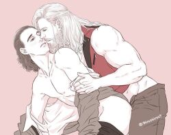 2boys adoptive_siblings asgardian beard facial_hair gay human human_only implied_sex light-skinned_male light_skin loki_(marvel) long_hair long_hair_male male male_only marvel marvel_cinematic_universe muscular_male partially_clothed shiroshiro69 step-incest stepbrother thor_(marvel) thor_(series) undressing_another yaoi