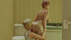 2girls 3d analingus anilingus animated ass ass_focus ass_shake ass_worship bathroom big_ass big_breasts blonde_hair butt cunnilingus curvy curvy_female curvy_milf dead_or_alive female female_only fishnet_bodysuit honoka_(doa) huge_ass human kishi large_breasts marie_rose milf petite pink_hair rimjob rimming small_breasts sniffing sniffing_ass thick_thighs toilet video wide_hips young_woman young_woman_and_milf younger_female yuri