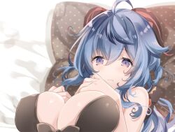 ahoge bangs bare_shoulders bikini blue_hair blush breasts commentary_request covered_nipples expressionless female female ganyu_(genshin_impact) genshin_impact horns kurun_(kurun777) large_breasts long_hair looking_at_viewer lying on_back pillow purple_eyes solo swimsuit