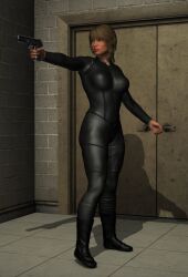 1girls 3d 3d_(artwork) abstract_background absurd_res aiming_gun aiming_weapon assassin bodysuit catsuit cleavage emotionless emotionless_female female_assassin female_only femdom highres huge_breasts indifferent joanna_grauschopf member9 original red_lipstick uncaring uncaring_female wide_hips