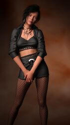 1girls 3d 3d_(artwork) absurd_resolution beautiful_woman belted_shorts beltshorts bianca_(tirronan) black_hair_female black_shorts black_tube_top cleavage earrings emotionless emotionless_female expressionless fishnets goth_girl gothic gothic_girl high_resolution indifferent large_breasts leaning_hips leaning_to_the_side mature_woman necklaces original short_hair_female shorts tirronan tomboy tubetop uncaring_female