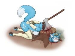 anthro areola armwear axe bent_over blood blue_body blue_fur blue_hair blush bodily_fluids bound breasts butt canid canine clothing corpse death decapitation elbow_gloves execution feet female female_death fingers fox fur gloves gore hair half-closed_eyes hands_behind_back hands_tied hands_tied_behind_back handwear hi_res krystal_(star_fox) legwear mammal meowmere narrowed_eyes nintendo nipples nude pawpads plant rope severed_body_part severed_head simple_background snuff solo star_fox stockings tail toes tongue tongue_out tree tree_stump weapon