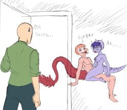 2026 3_horns 5_fingers anon_(snoot_game) anthro anthro_on_anthro areola bald big_areola blush blush_lines bone_frill bottomwear breasts caught_in_the_act cavemanon_studios ceratopsian ceratopsid chasmosaurine clothed clothing color_edit colored denim denim_bottomwear denim_clothing dialogue dinosaur dromaeosaurid duo_focus embarrassed english_text facial_horn feathered_dinosaur feathered_scalie feathered_tail feathers female fingers frill_(anatomy) from_front_position goodbye_volcano_high group hair horn human interspecies jeans ko_op_(game_developer) light-skinned_male light_body light_skin long_tail male male/female mammal marginocephalian mastery_position multi_horn multicolored_body multicolored_scales nipples non-mammal_nipples nose_horn nude nude_anthro nude_female obscured_penetration orange_body orange_hair orange_scales ornithischian pants pink_body pink_scales plantigrade prehistoric_species prometheuzone purple_body purple_eyes purple_hair purple_scales red_body red_feathers reed_(gvh) reptile saurischian scales scalie sex shirt short_hair snoot_game tail tail_tuft text theropod third-party_edit topwear triceratops trio trish_(gvh) tuft two_tone_body two_tone_scales velociraptor walk-in